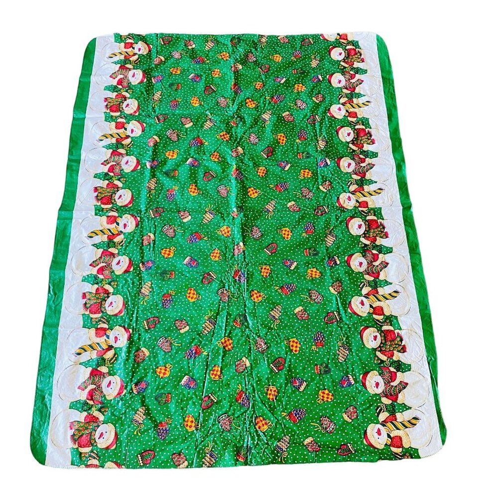 Cute Holiday Snowman Vinyl Table Cover - Green & Festive  68" x 51"